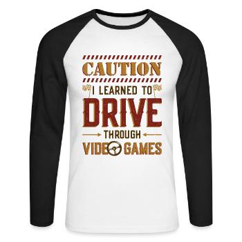 Caution, I learned to drive through games - Unisex Long Sleeve Baseball T-Shirt - white/black - Front - Nik (191cm)