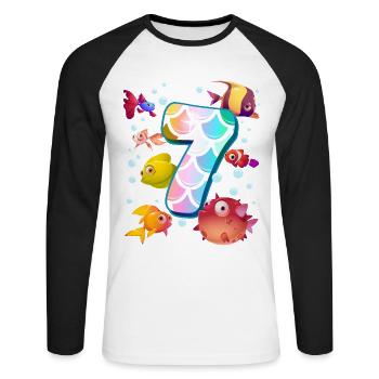 7. Geburtstag | Regenbogenfisch Geburtstag | - Unisex Baseballshirt langarm - Weiß/Schwarz - Vorne - Nik (191cm)