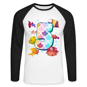 5. Geburtstag | Regenbogenfisch Geburtstag | - Unisex Baseballshirt langarm - Weiß/Schwarz - Vorne - Nik (191cm)