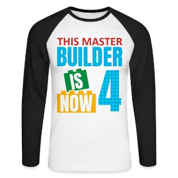 This Master Builder is now 4, Toy Blocks - Unisex Long Sleeve Baseball T-Shirt - white/black - Front - Nik (191cm)