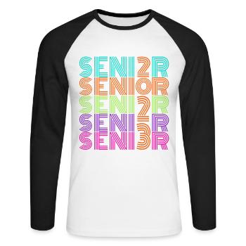 Retro Vintage Neon Senior 2023 | Senior High Gift - Unisex Long Sleeve Baseball T-Shirt - white/black - Front - Nik (191cm)