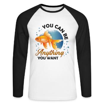 Goldfish Be A Shark, message de motivation - T-shirt baseball manches longues Homme - blanc/noir - Devant - Nik (191cm)
