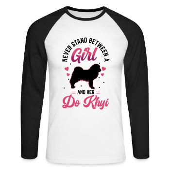 Mädchen und Do Khyi Tibetmastiff Tibetdogge - Unisex Baseballshirt langarm - Weiß/Schwarz - Vorne - Nik (191cm)