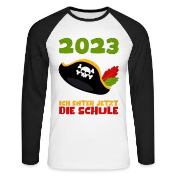 Schulkind 2023 Pirat Einschulung Erstklässler Kind - Unisex Baseballshirt langarm - Weiß/Schwarz - Vorne - Nik (191cm)