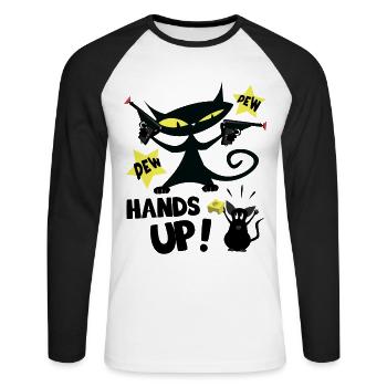 Pew Pew Hands Up, Mouse Cat - Funny Cat - Unisex Long Sleeve Baseball T-Shirt - white/black - Front - Nik (191cm)