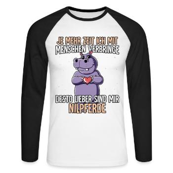 Nilpferd - Unisex Baseballshirt langarm - Weiß/Schwarz - Vorne - Nik (191cm)