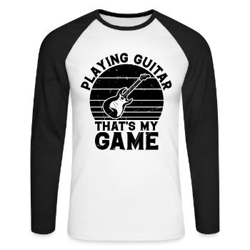 Jouer de la guitare c’est mon jeu I Guitariste basse - T-shirt baseball manches longues Homme - blanc/noir - Devant - Nik (191cm)