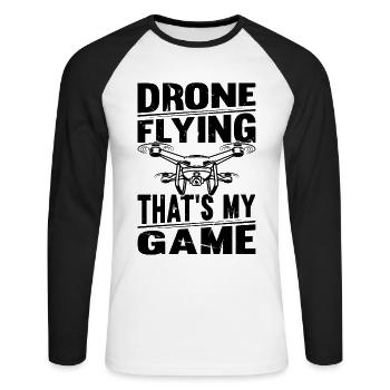 Drone volant C’est mon jeu - Quadcopter Drone Pil - T-shirt baseball manches longues Homme - blanc/noir - Devant - Nik (191cm)