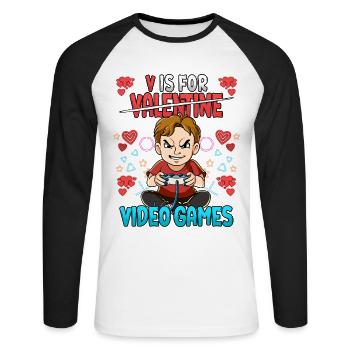 V Is For Video Games Valentinstag Gamer - Unisex Baseballshirt langarm - Weiß/Schwarz - Vorne - Nik (191cm)