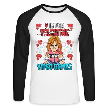 V Is For Video Games Valentinstag Gamer - Unisex Baseballshirt langarm - Weiß/Schwarz - Vorne - Nik (191cm)