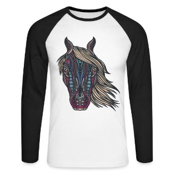 Tribal Pferd design für Reiterinnen, - Unisex Baseballshirt langarm - Weiß/Schwarz - Vorne - Nik (191cm)