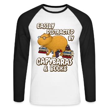 Easily distracted by Capybaras & Books - Unisex Long Sleeve Baseball T-Shirt - white/black - Front - Nik (191cm)