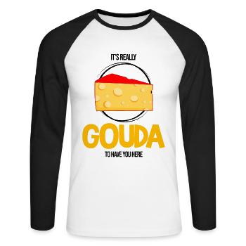 Gouda design pour fromagerie laitière et fromage Gouda - T-shirt baseball manches longues Homme - blanc/noir - Devant - Nik (191cm)