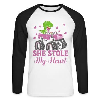 She stole my heart Dinosaur T-rex - Unisex Long Sleeve Baseball T-Shirt - white/black - Front - Nik (191cm)