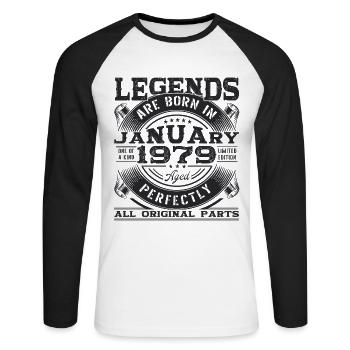 Born 1979 January 44th birthday Gift man - Unisex Long Sleeve Baseball T-Shirt - white/black - Front - Nik (191cm)