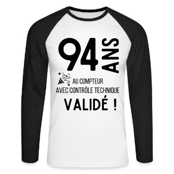 Anniversaire 94 ans humour adulte cadeau - T-shirt baseball manches longues Homme - blanc/noir - Devant - Nik (191cm)