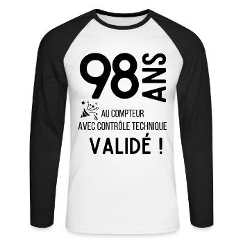Anniversaire 98 ans humour adulte cadeau - T-shirt baseball manches longues Homme - blanc/noir - Devant - Nik (191cm)