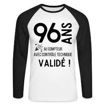 Anniversaire 96 ans humour adulte cadeau - T-shirt baseball manches longues Homme - blanc/noir - Devant - Nik (191cm)