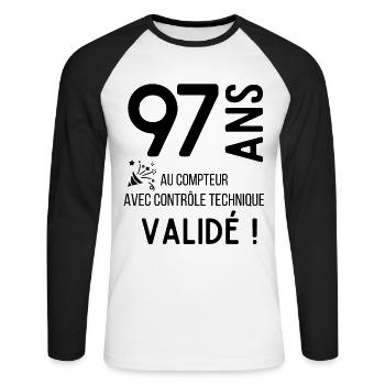 Anniversaire 97 ans humour adulte cadeau - T-shirt baseball manches longues Homme - blanc/noir - Devant - Nik (191cm)