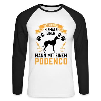 Mann mit Podenco Jagdhund spanischer Podenco - Unisex Baseballshirt langarm - Weiß/Schwarz - Vorne - Nik (191cm)