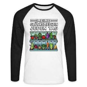 My happiness medicine Vegetable Foodie every day - Unisex Long Sleeve Baseball T-Shirt - white/black - Front - Nik (191cm)