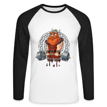 Wikinger Ragnarök Bodybuilding Fitness Gym - Unisex Baseballshirt langarm - Weiß/Schwarz - Vorne - Nik (191cm)