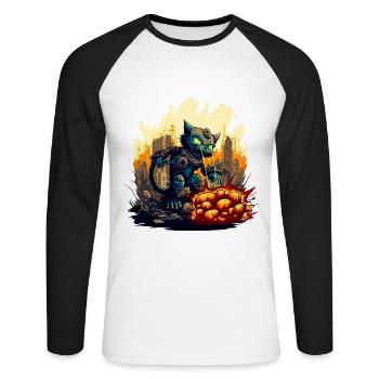 Science Fiction Roboter Katze zerstört die Stadt - Unisex Baseballshirt langarm - Weiß/Schwarz - Vorne - Nik (191cm)