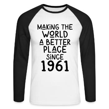 Making the World a better place since 1961 - Unisex Baseballshirt langarm - Weiß/Schwarz - Vorne - Nik (191cm)