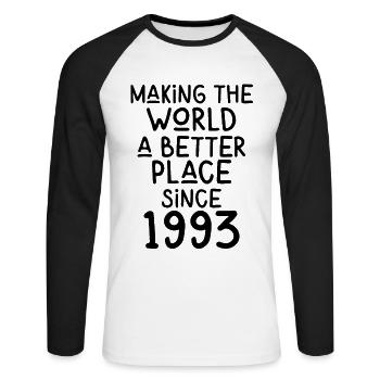 Making the World a better place since 1993 - Unisex Long Sleeve Baseball T-Shirt - white/black - Front - Nik (191cm)