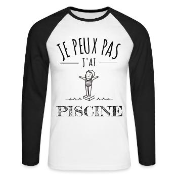 je peux pas j’ai piscine humour piscine sport - T-shirt baseball manches longues Homme - blanc/noir - Devant - Nik (191cm)