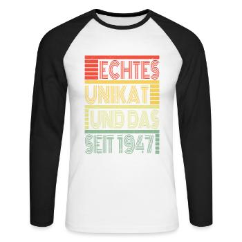 Vraiment unique depuis 1947 Né en 1947 Anniversaire - T-shirt baseball manches longues Homme - blanc/noir - Devant - Nik (191cm)