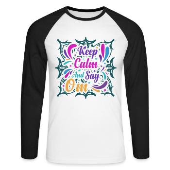 Keep Calm and Say OM Yoga - Unisex Baseballshirt langarm - Weiß/Schwarz - Vorne - Nik (191cm)