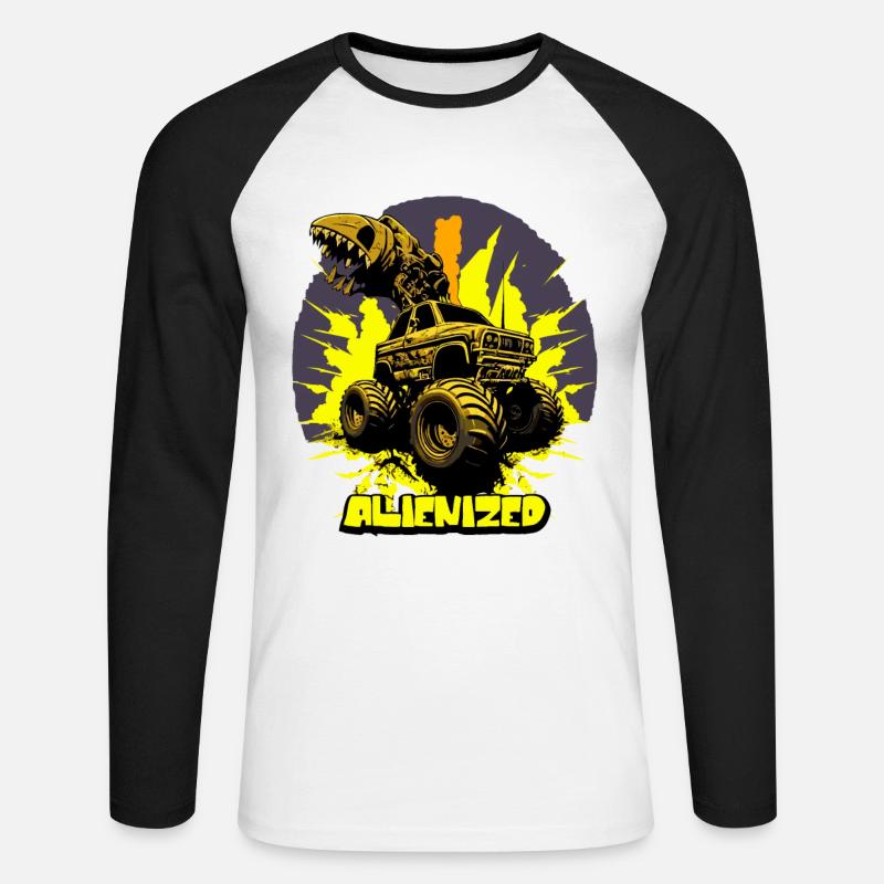 Monstertruck mit Alien-Greifarm mit Explosion - Unisex Baseballshirt langarm - Weiß/Schwarz