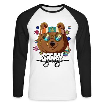 60er 70er Jahre Kostüm Stay Groovy Hippie - Unisex Baseballshirt langarm - Weiß/Schwarz - Vorne - Nik (191cm)