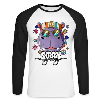 60er 70er Jahre Kostüm Stay Groovy Hippie - Unisex Baseballshirt langarm - Weiß/Schwarz - Vorne - Nik (191cm)