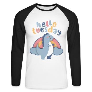 Dinosaure Kawaii, Regebogen Hello-Tuesday Dire - T-shirt baseball manches longues Homme - blanc/noir - Devant - Nik (191cm)