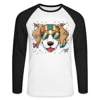 60s 70s Costume Groovy Hippie - T-shirt baseball manches longues Homme - blanc/noir - Devant - Nik (191cm)