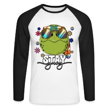 60er 70er Jahre Kostüm Stay Groovy Hippie - Unisex Baseballshirt langarm - Weiß/Schwarz - Vorne - Nik (191cm)