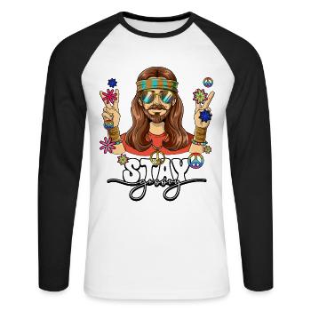 60er 70er Jahre Kostüm Stay Groovy Hippie - Unisex Baseballshirt langarm - Weiß/Schwarz - Vorne - Nik (191cm)
