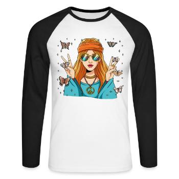 60s 70s Costume Groovy Hippie - T-shirt baseball manches longues Homme - blanc/noir - Devant - Nik (191cm)