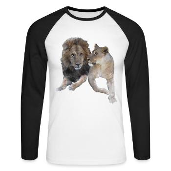 Paire de lions aquarelle - gros chat - chat - Afrique - T-shirt baseball manches longues Homme - blanc/noir - Devant - Nik (191cm)