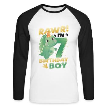 7th Birthday Boy Happy Birthday Dinosaur - Unisex Long Sleeve Baseball T-Shirt - white/black - Front - Nik (191cm)