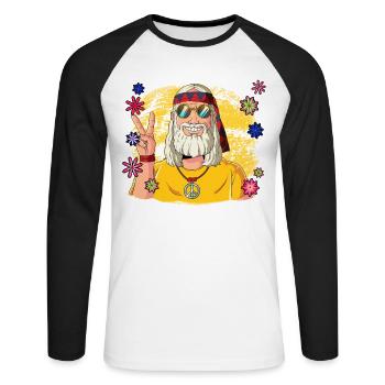60s 70s Costume Groovy Hippie - T-shirt baseball manches longues Homme - blanc/noir - Devant - Nik (191cm)