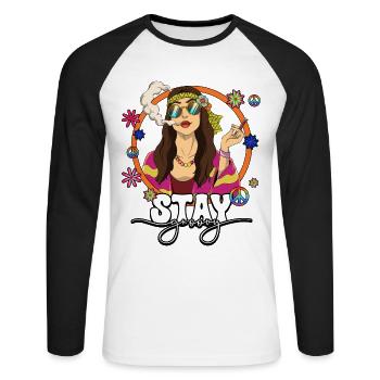 60er 70er Jahre Kostüm Stay Groovy Hippie - Unisex Baseballshirt langarm - Weiß/Schwarz - Vorne - Nik (191cm)