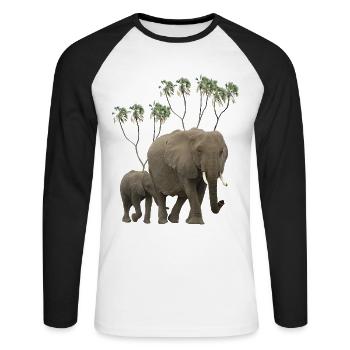 Elefanten Mama + Baby + Doumpalmen in Afrika - Unisex Baseballshirt langarm - Weiß/Schwarz - Vorne - Nik (191cm)