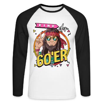 Kind der 60er Jahre Mann Kostüm - Unisex Baseballshirt langarm - Weiß/Schwarz - Vorne - Nik (191cm)