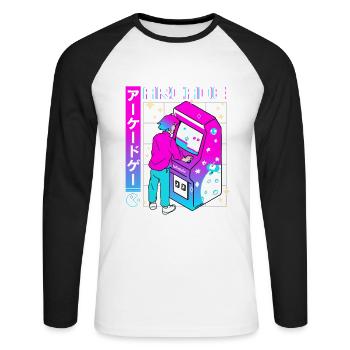 Retro Futuristic Series: Japanisch - Arcade - Unisex Baseballshirt langarm - Weiß/Schwarz - Vorne - Nik (191cm)