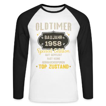 Oldtimer Baujahr 1958 - 65. Geburtstag - Unisex Baseballshirt langarm - Weiß/Schwarz - Vorne - Nik (191cm)