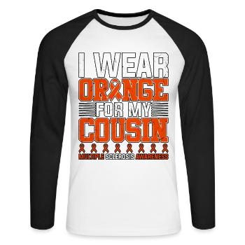 Ich trage Orange für meinen Cousin Multiple Sklerose - Unisex Baseballshirt langarm - Weiß/Schwarz - Vorne - Nik (191cm)
