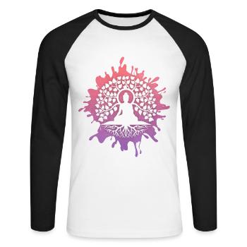 Yoga, Buddha mit Lebensbaum, Bodhi-Baum - Unisex Baseballshirt langarm - Weiß/Schwarz - Vorne - Nik (191cm)